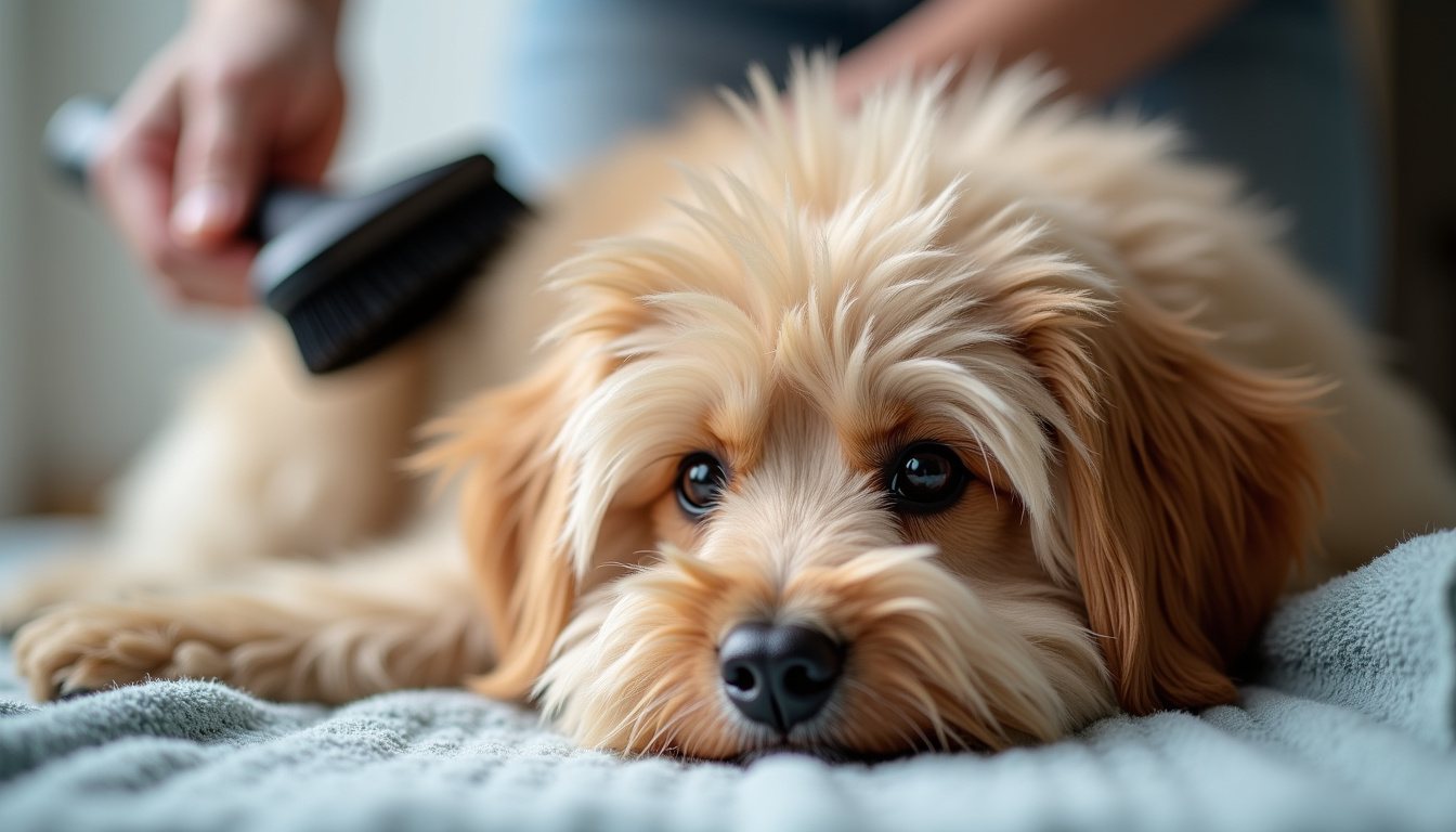 Hand brushing a fluffy dog coat with a slicker brush