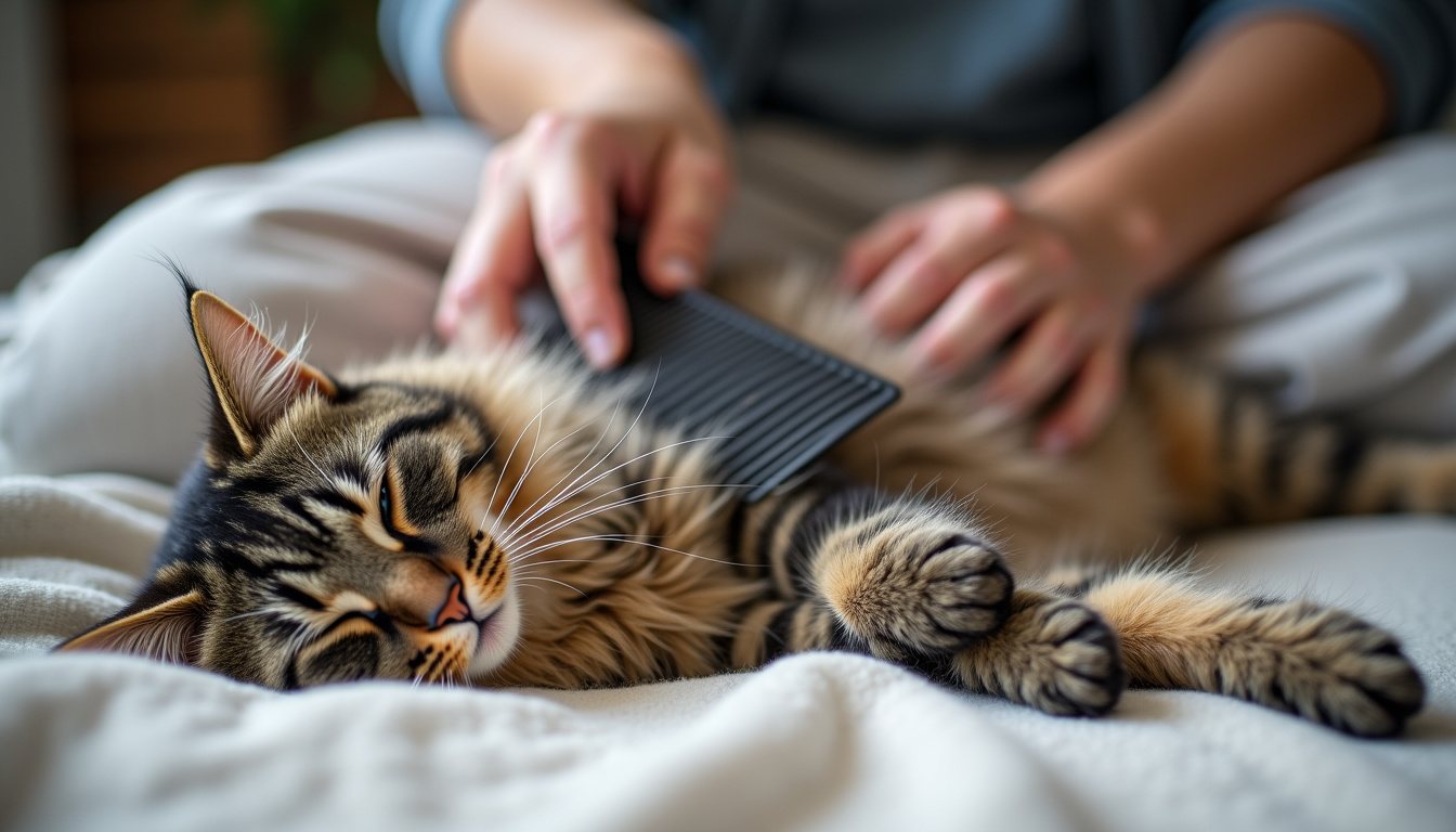 Long-haired cat being combed on a blanket